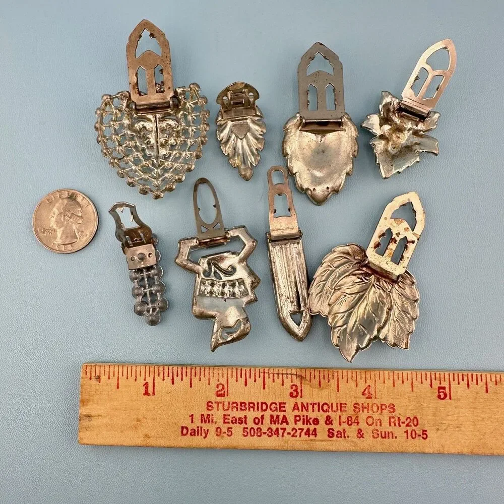 Vintage Rhinestone Dress Fur Clip Lot Silver Tone Art Deco Floral Some Pot Metal